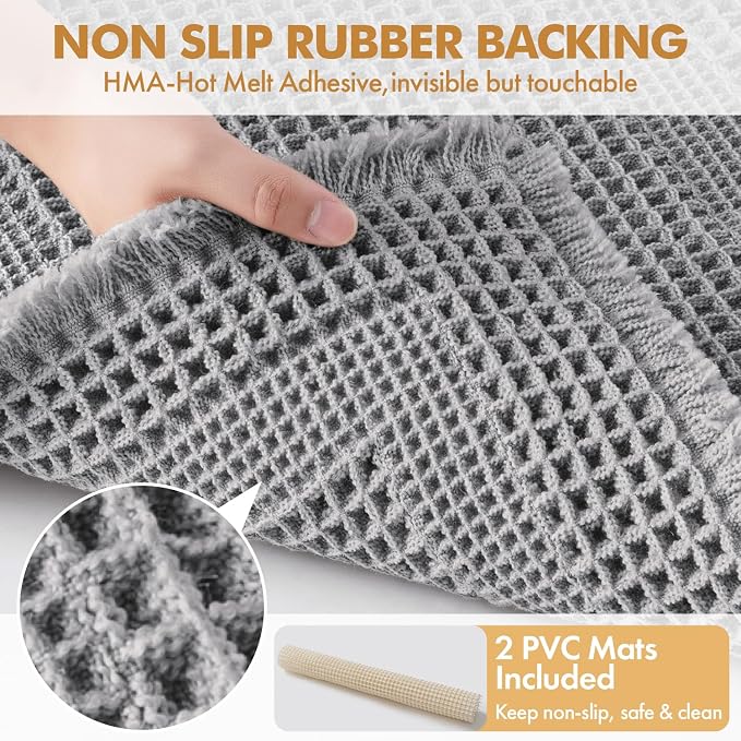 MIULEE Set of 2 Waffle Bathroom Rugs, Boho Bath Rug Super Absorbent, Non Slip Washable Ultra Soft Rubber Backed Shower Bath Mats for Floor, Tub, Shower, Looped Design, Light Grey, 18x30 Inch