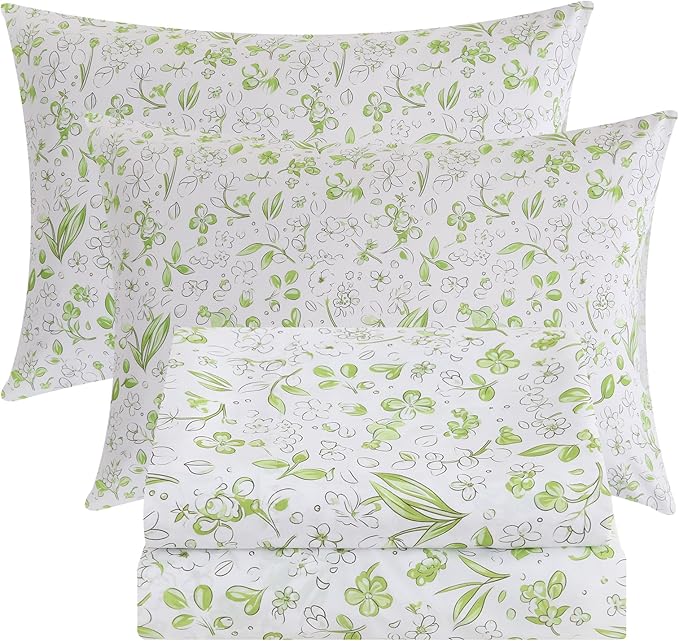 Bedlifes King Sheet Set Ultra Soft, Breathable, Silky Flower Deep Pocket 100% Microfiber Bedding, 4 Piece King Size Green Floral