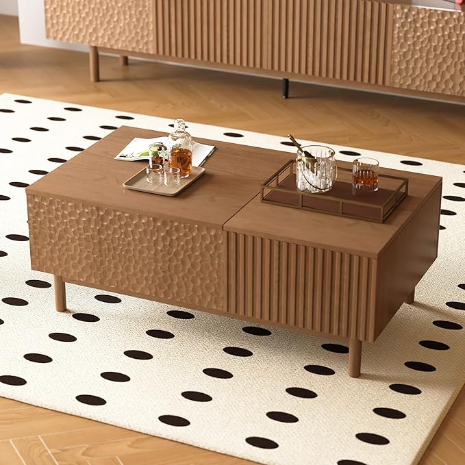 NessCarsti 51.1" Mid-Century Modern Lift Top Coffee Table, Walnut Rectangular Center Table with Hidden Storage, Drawers & Sturdy Wooden Legs, for Living Room, Apartment, Office