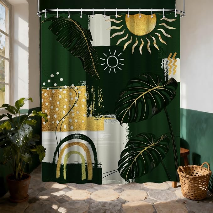 Green and Gold Mid Century Modern Shower Curtain Bohemian Abstract Shower Curtains for Bathroom Decor Sets, Waterproof Cloth Fabric with Hooks, 70x78 Inch