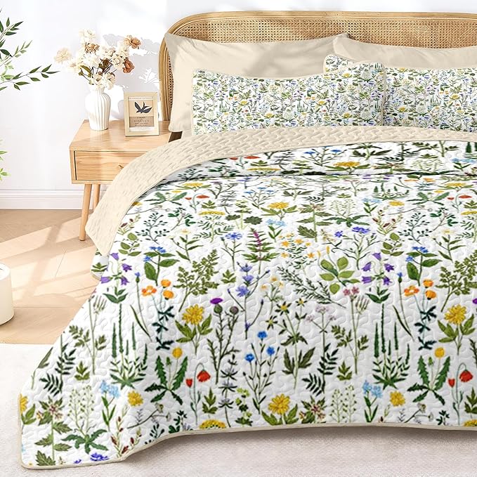 Quilt Set Full/Queen Size, Garden Floral 3 Pcs Soft Bed Cover Bedding Set, Country Rustic Farmhouse Lightweight Bedspread Coverlet with 2 Pillow Sham for All Season