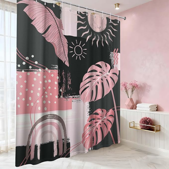 Extra Long Shower Curtain 96 Inchs Extra Tall Pink and Gray XL Mid Century Modern Boho Abstract Shower Curtains for Large Bathroom Decor Sets, Waterproof Cloth Fabric with Hooks, 70 x 96 Inch