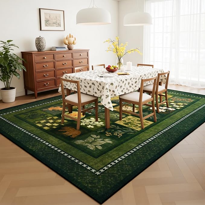 Tepook 6x9 Area Rugs for Living Room, Modern Large Geometric Rug for Bedroom, Washable Patchwork Rug Indoor Non Slip Throw Carpets for Dining Room Office Farmhouse Home Decor, Dark Green