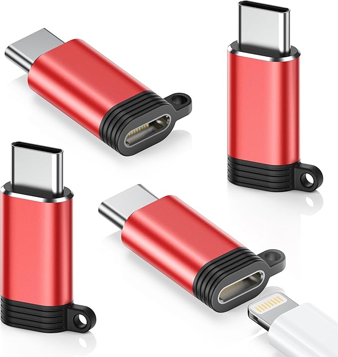 Lightning to USB C Adapter 4 Pack - Fast Charging & Data Transfer USB Type C to Lightning Charger Connector Compatible with iPhone 15/16/17 Pro Max/Plus, Samsung, Pixel - (Not for Audio/OTG)-Red