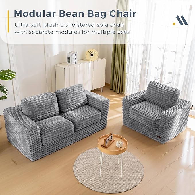 MAXYOYO Giant Bean Bag Chair for Adults, Upholstered Loveseat Floor Sofa with Pillows and Armrests, Large Bean Bag Sofa Plush Chair Bean Bag Couch for Bedroom Living Room, Grey