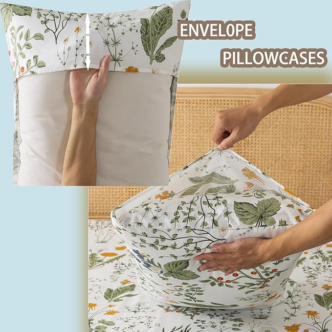 Zusbest King Size Sheets 100% Percale Cotton Green Floral Bed Sheet Set Yellow Flower & Green Leaves Botanical Pattern Printed on White Garden Luxury Crisp Soft Deep Pocket Fitted Sheet 17.5'' 4Pcs