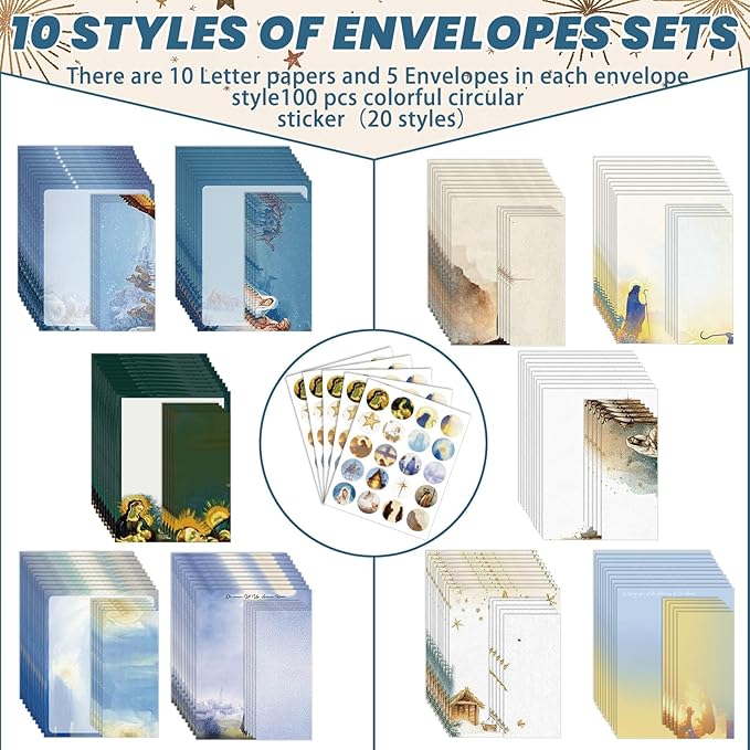 EggSun 250Pcs Christmas Stationery Paper and Envelope Set with 100 Letterhead Papers and 50 Envelopes, 10 Design for Letter Writing Invitations Computer Holidays Party Notes, 8.5x11 Inch-Nativity