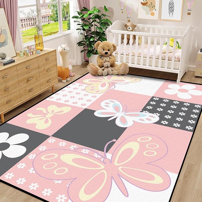 6'x9' Butterfly Area Rug Pink Butterfly Checkered Rugs for Bedroom Living Room Nursery Kitchen Playroom Home Decor Cute Flower Carpet Washable Non Slip Floor Mat