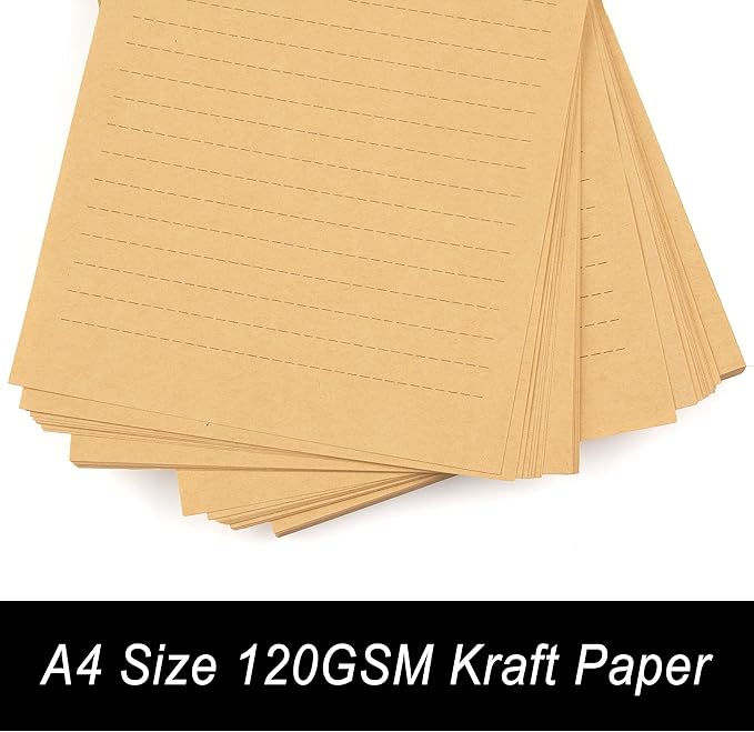 CenterZ 100pcs Vintage Kraft Stationary Paper 8.3 x 11.5 inch, A4 Sheets 120gsm Printable Lined Stationery Writing Letter Papers Bulk Set for Personalized Letters, Creative Poems, Lyrics, Office Notes