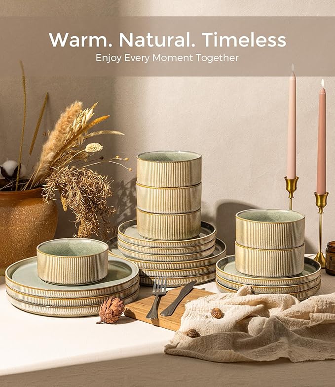 GBHOME 18-Piece Stoneware Dinnerware Set for 6 – Ribbed Ceramic Plates and Bowls, Scratch-Resistant, Microwave & Dishwasher Safe, Reactive Glaze, Desert Sage