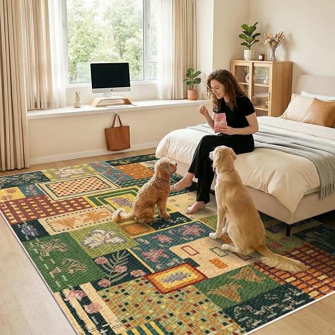 6x9 Flowers Patchwork Area Rugs for Living Room, Large Soft Faux Wool Rug for Bedroom, Green Boho Carpet, Non-Slip Low Pile Washable Rug for Dining Room Office Home Hardwood Floor