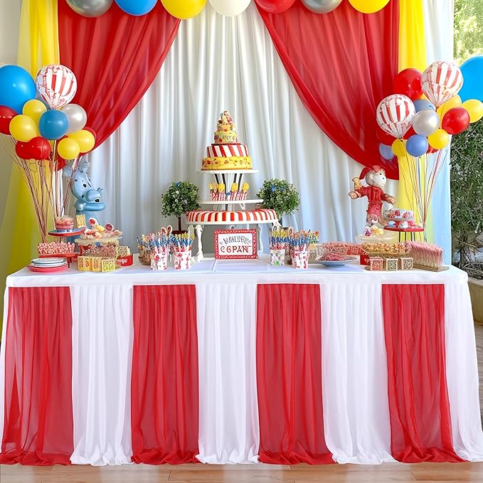 Circus Table Skirt Red White Striped Tulle Table Skirts for Rectangle Table Birthday Carnival Circus Party Decorations 9ft