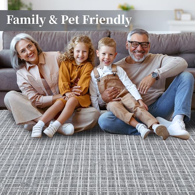 Washable Area Rugs 8x10 Rug for Living Room Modern Bedroom Rug Grid Large Area Rug Farmhouse Non Slip Throw Rugs Soft Low Pile Stain Resistant Carpet for Dining Room Classroom 8'x10' Grey