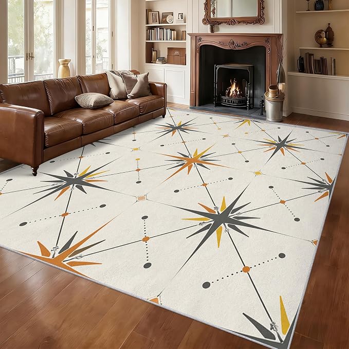 Atomic Rugs for Bedroom 7x9 ft, Mid Century Modern Area Rugs for Living Room, Washable Non Slip Low Pile Starburst Carpet, Home Decor PF-P 107
