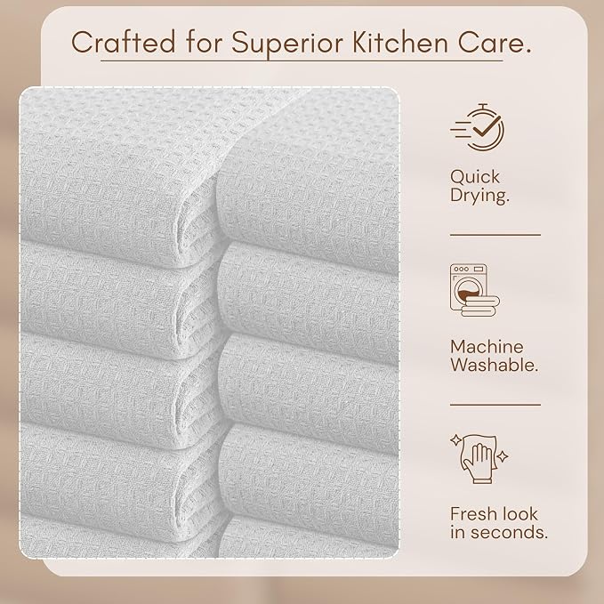TWINY threads Kitchen Towels Set of 12, 100% Soft Cotton Waffle Weave Dish Towels, Tea Towels with Hanging Loop, Resuable Bar Towels for Table Cleaning, Dinning, Parties- 16"X 26" - White