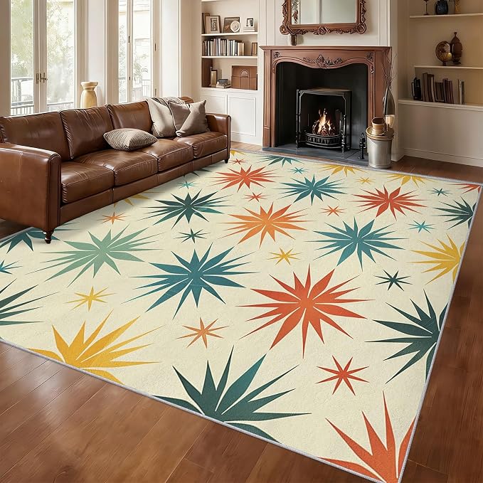 Retro Atomic Rugs for Living Room Decor, 4x6 ft, Mid Century Modern Area Rugs for Bedroom, Soft Non Slip Washable 50s Abstract Geometric Carpet Home Decorations D-g48