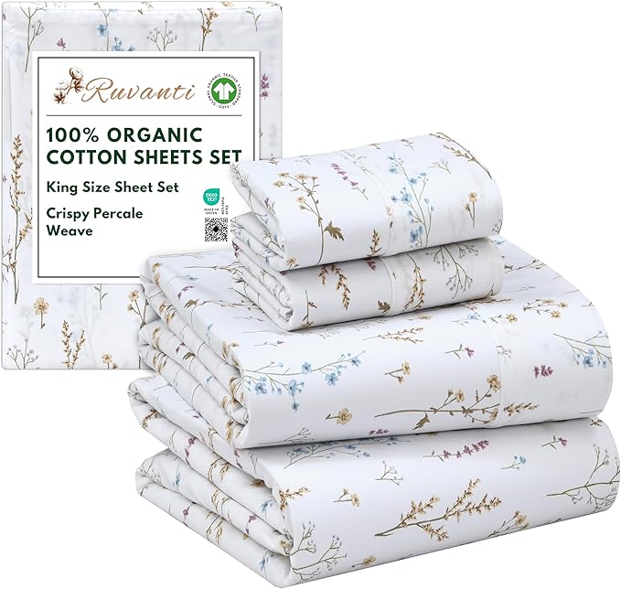 RUVANTI 100% Organic Cotton Sheets King Size, Percale Weave, GOTS Certified, 4-Piece Set, Deep Pocket 15", Crisp & Breathable, Soft Durable Bedding, Sábanas Algodón Orgánico – Field Flower