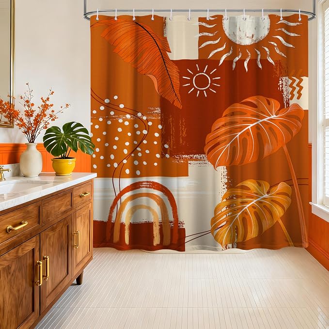 Burnt Orange Mid Century Modern Shower Curtain Bohemian Abstract Leaf Shower Curtains for Bathroom Decor Sets, Waterproof Cloth Fabric with Hooks, 70x78 Inch