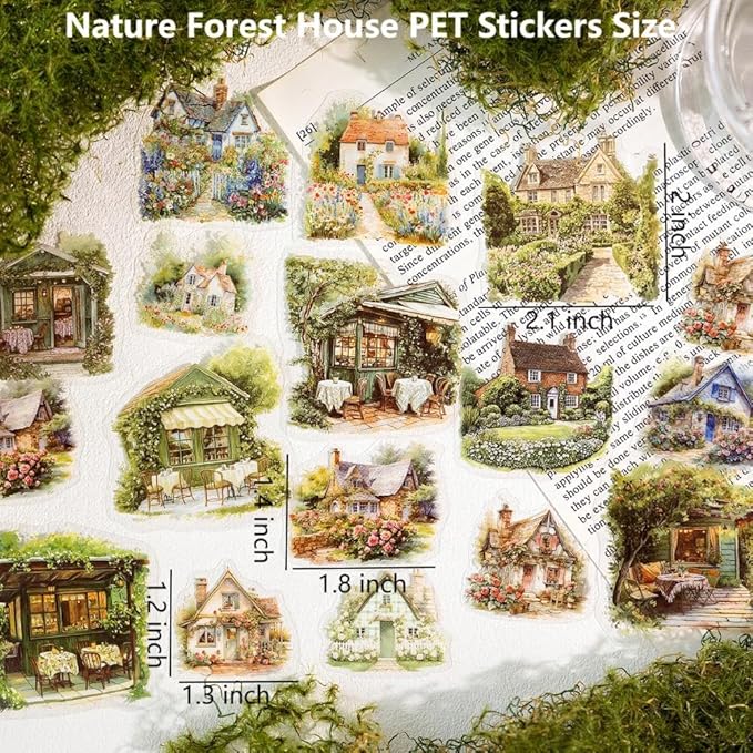 Dwpetzo 6 Pack 180Pcs Nature Scenery Tree House Cottage Castle Manor Scene Stickers for Journaling, Transparent PET Stickers for Scrapbooking, Junk Journal Supplies, Bujo, Collage