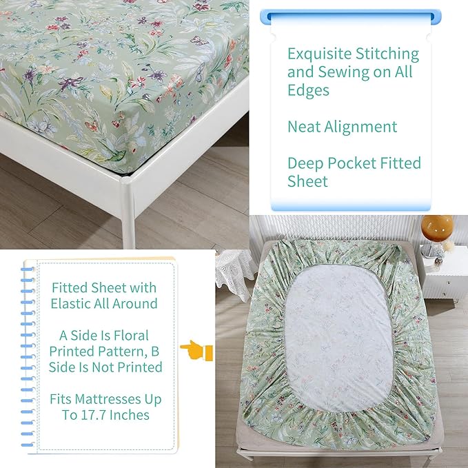 RYNGHIPY Shabby Flowers Print Bed Sheet Collections Egyptian Cotton Garden Floral Sheets (Green Floral,Full Size)