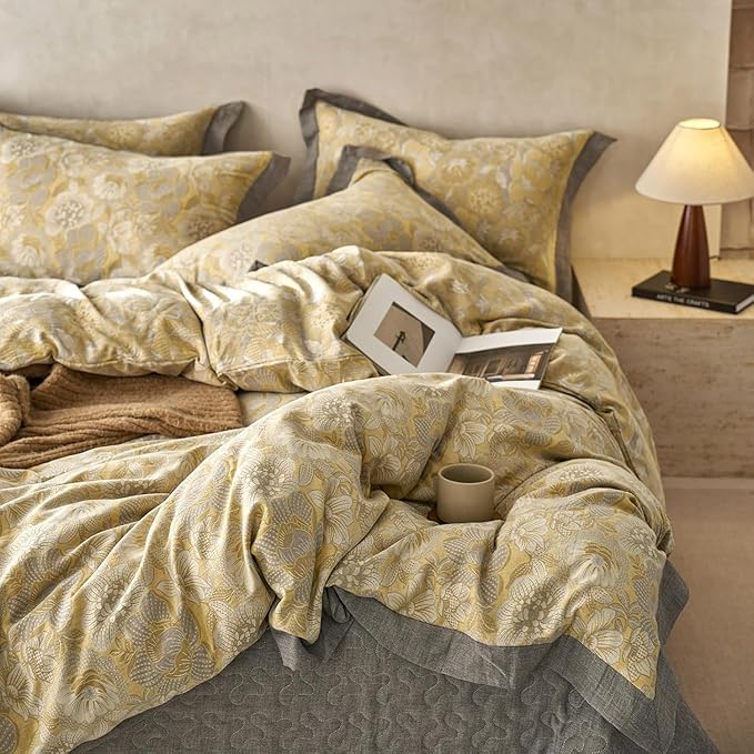 Jacquard Floral Duvet Cover Set Twin Premium Yarn-Dyed Cotton Yellow Gold Flower Duvet Cover Jacquard Reversible Floral Comforter Cover with Edge Design Vintage Garden Style Botanical Bedding Set Twin