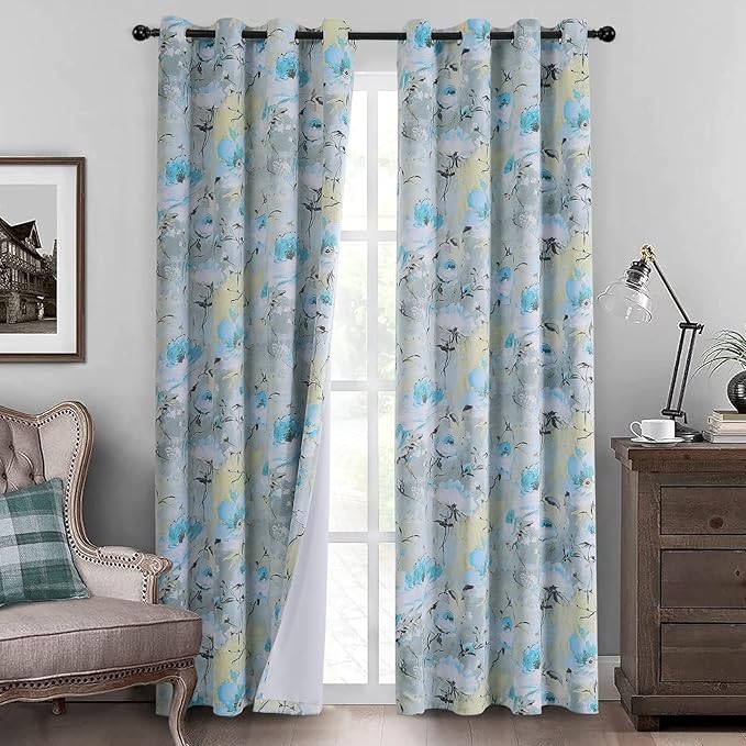 MYSKY HOME Floral Curtains 84 inches Long 2 Panels Blue Curtains for Bedroom/Living Room Thermal Insulated Flower Printed Window Drapes with Grommet, Teal and Blue