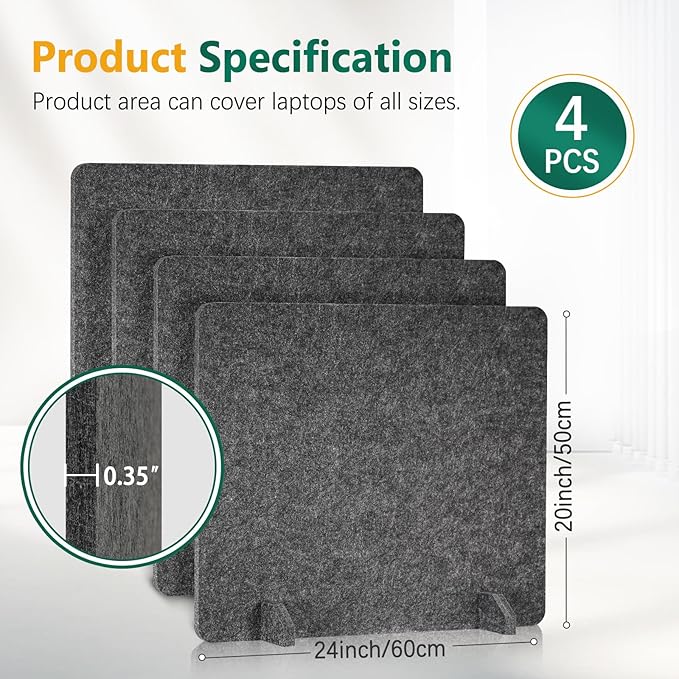 DOLLAR BOSS 4PCS Acoustic Desk Dividers 24" x 20", Soundproof Freestanding Privacy Panels for Table, Noise Reducing Desktop Partition for Office, Home, Classroom, Study Area with 20 Pushpins, Grey