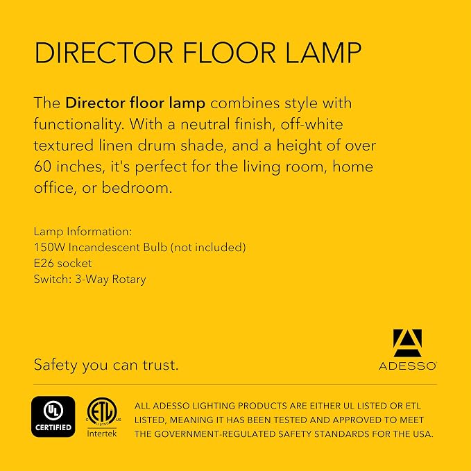 Adesso Floor Lamp with Walnut Rosewood Veneer and Beige Fabric Lampshade – 3-Way Adjustable Brightness, Lamp for Bedroom, Living Room, and House Décor, 60.25” x 21”