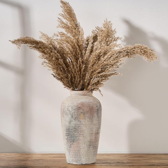 Large Ceramic Rustic Vase, 11 inch Minimalist Decorative Farmhouse Tall Vase for Home Decor, Living Room, Shelf Decor, Enterway, Wedding, Table Decoration, Gray
