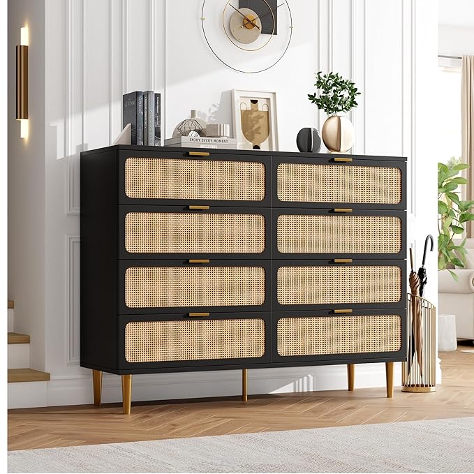 Garvee Rattan Dresser with 8 Drawers, Tall Modern Closet with Deep Storage, Large Chest of Drawers with Wide Top, Long Wooden Dresser for Bedroom, Living Room, Hallway, Kids Room, Black