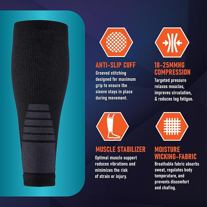 Calf Compression Sleeves for Men and Women - (1 Pair) Footless Compression Socks Support for Varicose Veins, Nursing, Pregnancy, Running - PhysFlex Leg Sleeve Brace for Shin Splints, Pain Relief and Reduces Swelling (Black, Large)