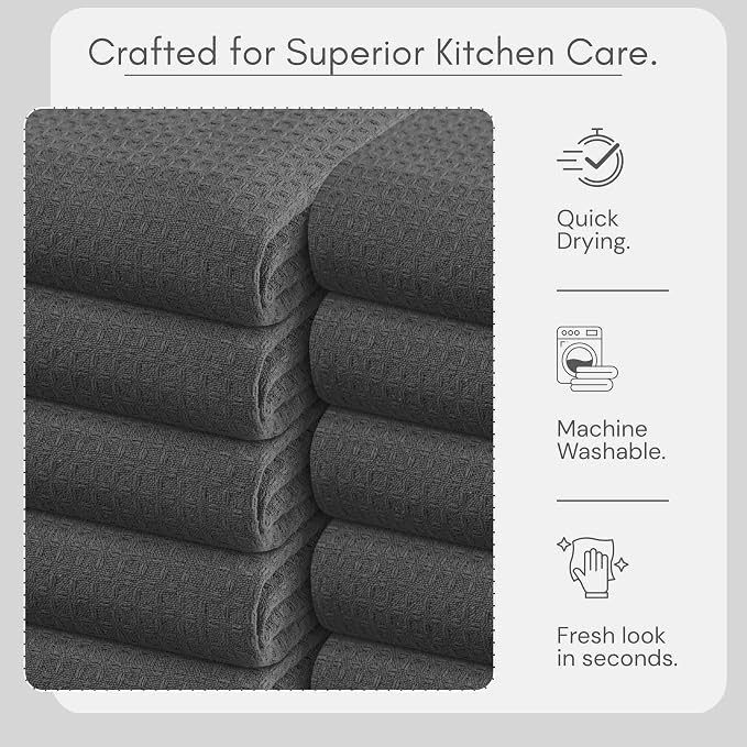 TWINY threads Gray Waffle Kitchen Towel 4 Pack, 16x26 Inches, Premium 100% Cotton Kitchen Linen Set, Absorbent Dish Cloths for Cleaning and Drying Dishes, Machine Washable, Durable, Quick Dry, Grey