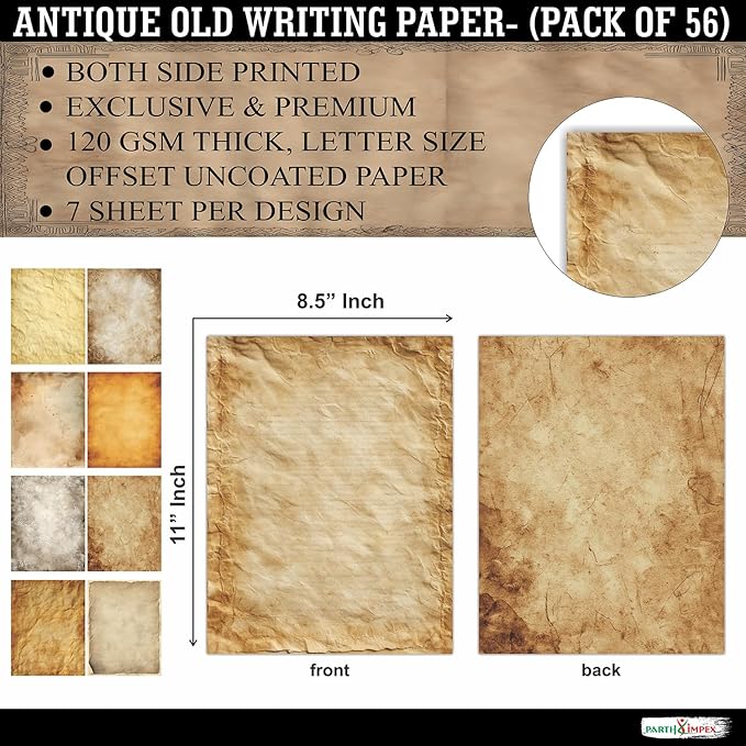 PARTH IMPEX 56 Sheets Vintage Writing Paper 8.5x11 - Letter Size Stationery Rustic Old Looking Letterhead Printer Paper - 120gsm Thick Decorative Antique Aged Double-sided Design