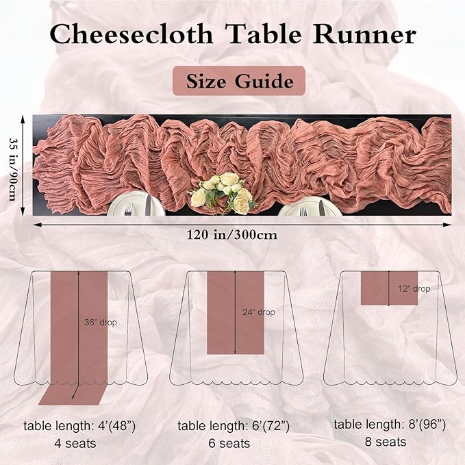 Booque Valley 3 Pack Dusty Blush Cheesecloth Table Runner 10ft Super Soft Boho Wrinkled Gauze Sheer Cloth for Baby Shower Baptism Birthday Party Wedding Centerpiece Table Decoration, 35x120 Inch