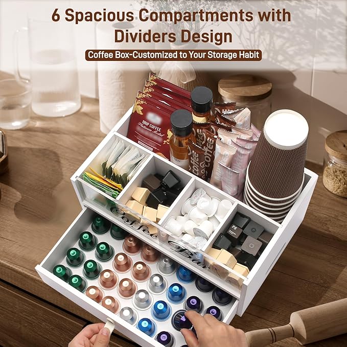 Intarsio 2-Tier Coffee Bar Organizer with Clear Acrylic Top, Built-in Drawer and Leather Handle Pull for Countertop, Stylish Coffee Station Storage Box for Accessories, Pods, Great Gifts for Home