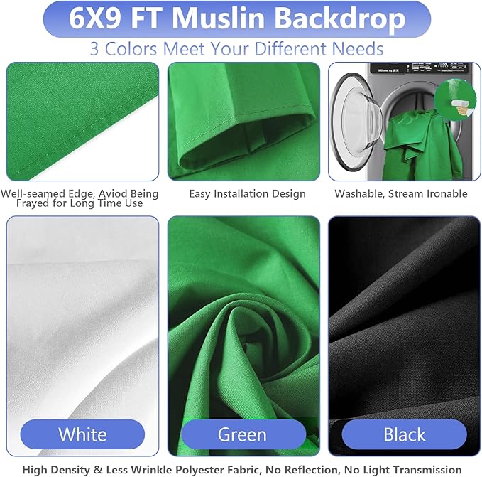 EMART Photo Video Studio Backdrop Stand Kit, 7×10ft Adjustable Photography Support System with Polyester Background(Black/White/Green Screen), Spring Clamps and Carry Bag for Photoshoot