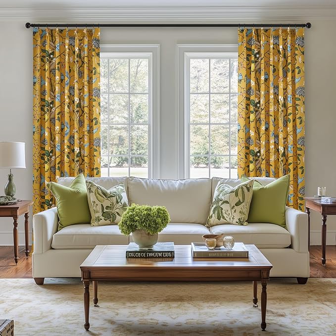 Mustard Yellow Curtains for Living Room Bedroom, Aesthetic Unique Rustic Pinch Pleated Drapes Cottagecore Floral Flower Printed Modern Farmhouse Window Treatment 63 Inch Length 2 Panels