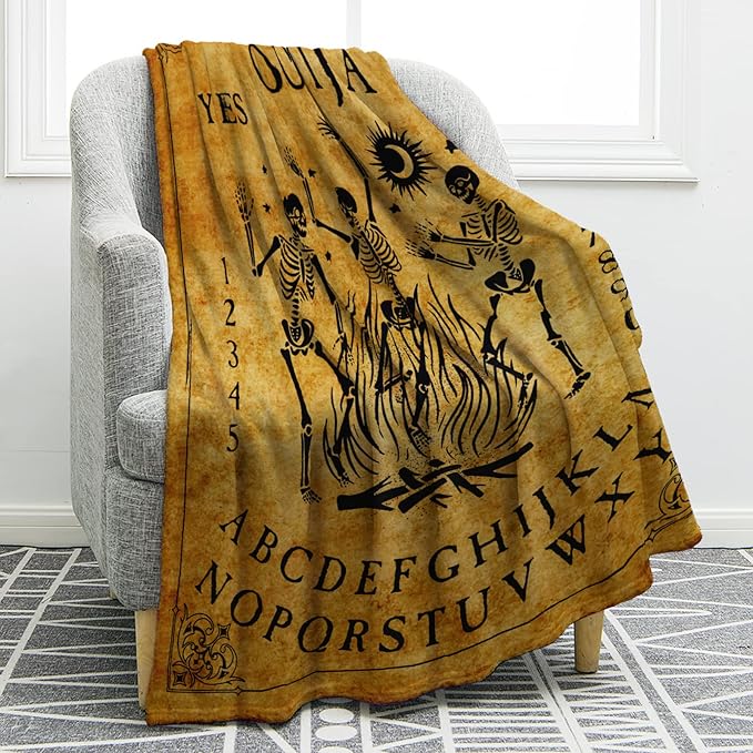 Jekeno Ouija Board Blanket Skeleton Skull Print Gifts for Men Kids Boys Home Bedroom Living Room Decor Soft Cozy Lightweight Throw Blankets Vintage Retro Yellow 50"x60"