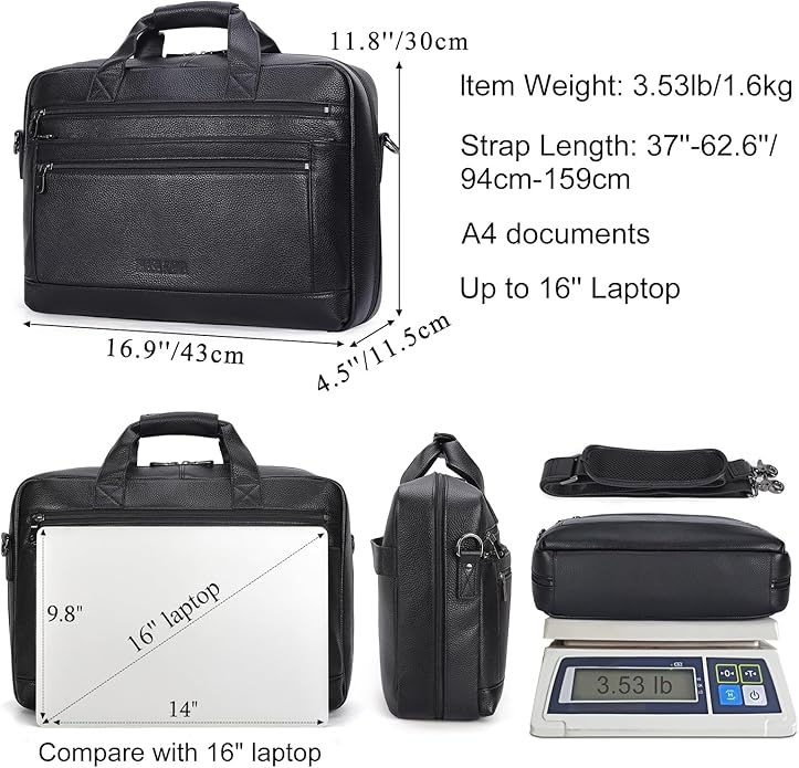 Masa Kawa Men’s Leather Briefcase for 16" Laptop Waterproof Crossbody Shoulder Messenger Bag Computer Attache Case for Business Travel Work, Black