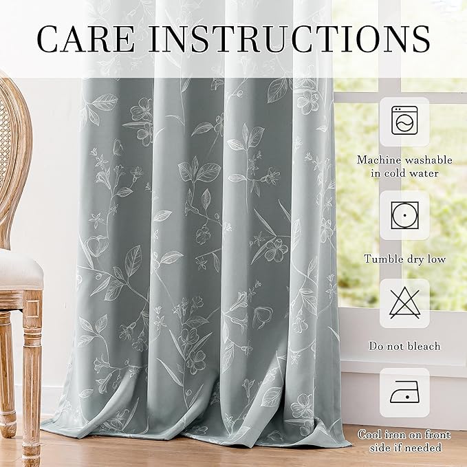 ChrisDowa Grey 100% Blackout Floral Curtains 84 Inches Long 2 Panels for Bedroom Living Room White Flower Patterned Room Darkening Thermal Insulated Soundproof Grommet Window Treatments Drapes,52X84