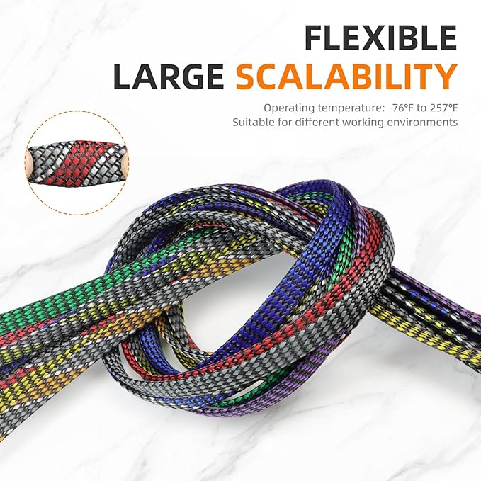 Braided Expandable Cable Sleeve, 25ft PP Cotton and PET Braided Cable Management, Flexible Mesh Wire Loom and Cable Protector for TV, Computer, Home Theater, Automotive (Red Grey White, 1/2")