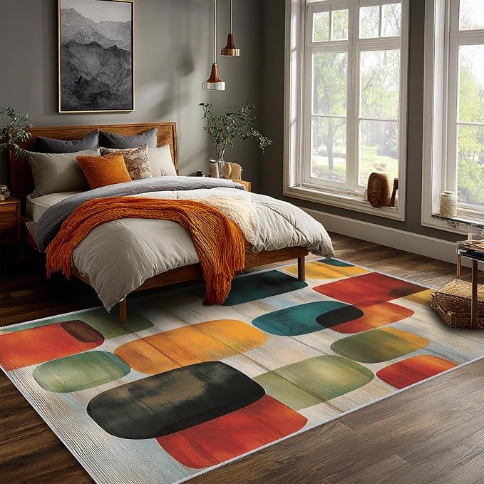 Mid Century Geometric Area Rug 5x7 ft, Retro Color Block Abstract Statement Rug, Low Pile Non-Slip Washable Indoor Rug for Living Room Bedroom