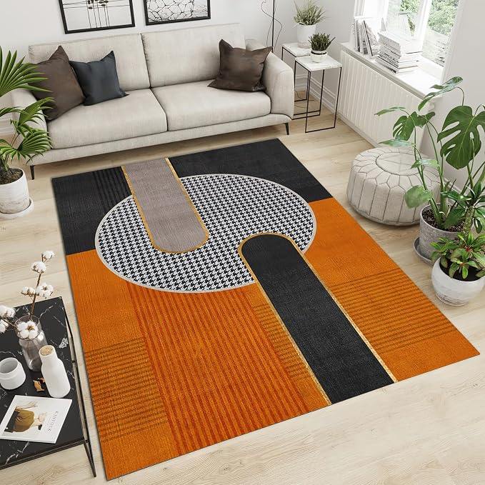 Luxury Orange Black Geometry Area Rug, Modern Style Non Slip Decorative Rugs, Breathable Durable Carpet for Indoor Bedroom Living Room Sofa Office Floor Rug - 4 ft x 6 ft
