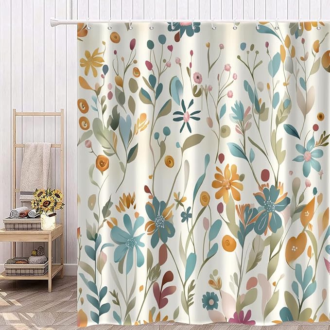 Colorful Floral Shower Curtain, Boho Wildflower Cute Flower Herbs Waterproof Fabric Machine Washable for Bathroom Bathtub Decor with Hooks 72x72