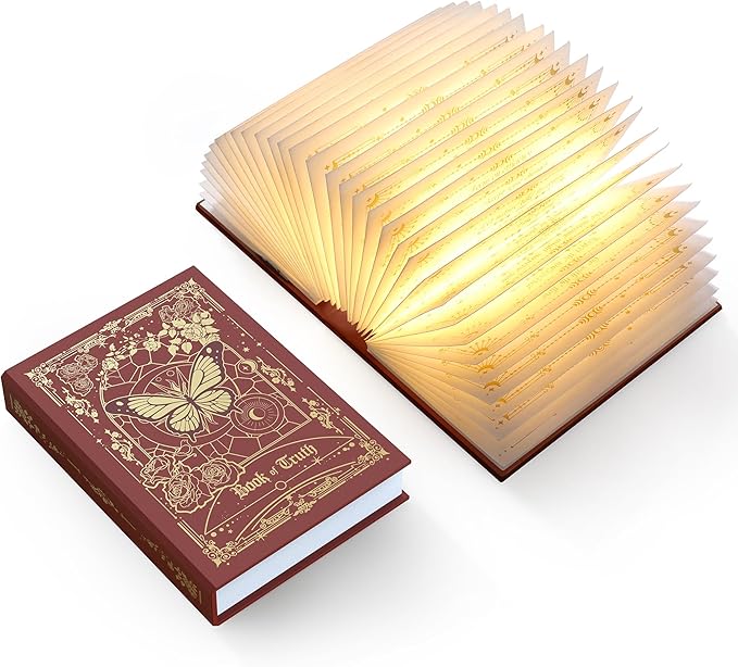 Magic Truth Book Light - Rechargeable LED Book Lamp for Home Decor, Ideal Christmas & Bookworm Gifts with Gold Foil Embossed Cover, Warm White Light for Entertainment & Relaxation (Red)