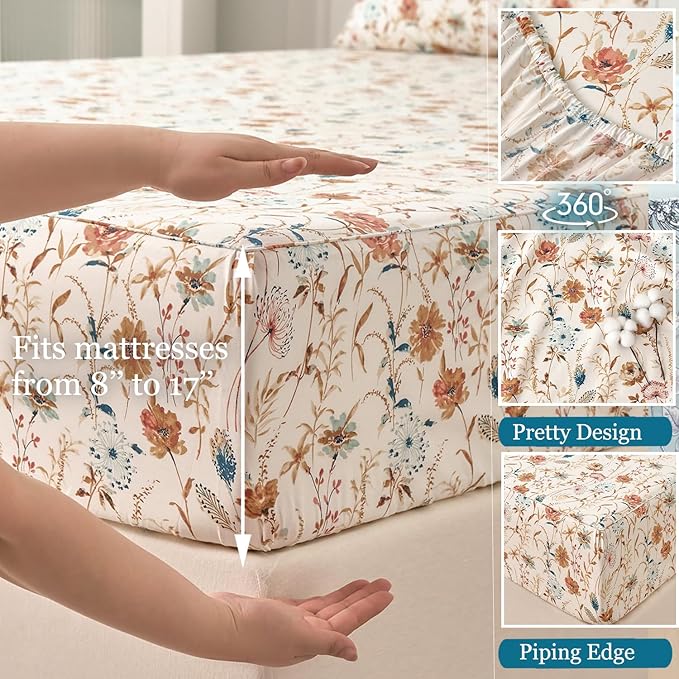 Zusbest Full Sheets Set 100% Percale Cotton - Boho Floral Botanical Printed Bedding with Deep Pocket 17.5'', Vintage Burnt Orange & Teal Design, 4-Piece Soft Breathable Sheets