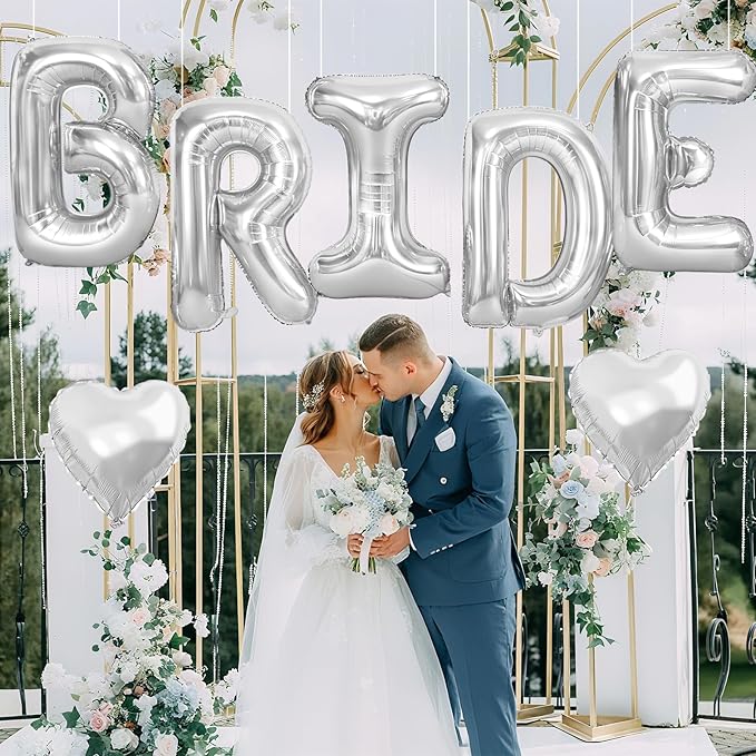 40inch Silver BRIDE Letter Balloons, Giant Silver Bride Foil Helium Balloon Banner with Heart Balloon for Bride to Be Wedding Engagement Bridal Shower Bachelorette Party Decoration