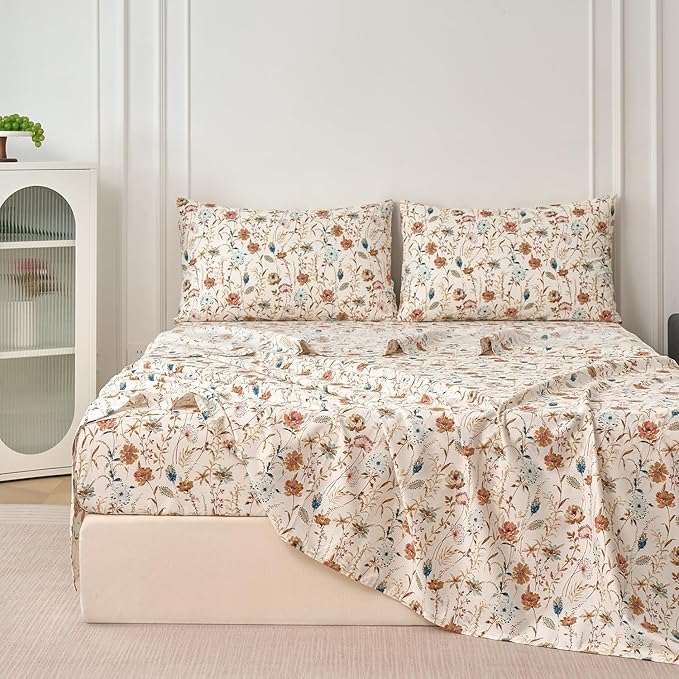 Zusbest King Sheets Set 100% Percale Cotton - Boho Floral Botanical Printed Bedding with Deep Pocket 17.5'', Vintage Burnt Orange & Teal Design, 4-Piece Soft Breathable Sheets
