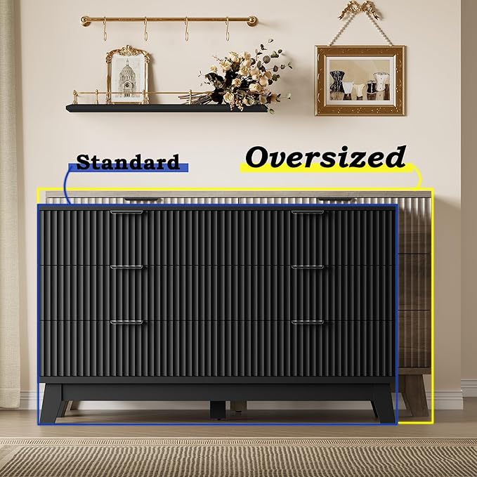 BORNOON Fluted 6 Drawer Dresser, 47.2" Wide Modern Boho Chest of Drawers, Wooden Storage Dresser TV Stand for Bedroom, Living Room, Closet, Hallway, Curved Profile Design