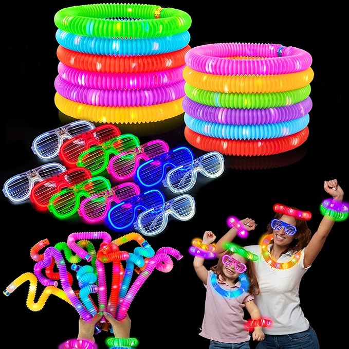 Glow in the Dark Party Favor Supplies for Kids 24 PCS, Christmas Glow Sticks & Neon Glasses Stocking Stuffers for Toddler, LED Light Up Toy Bracelet Necklace Accessories for Xmas New Year Eve Birthday